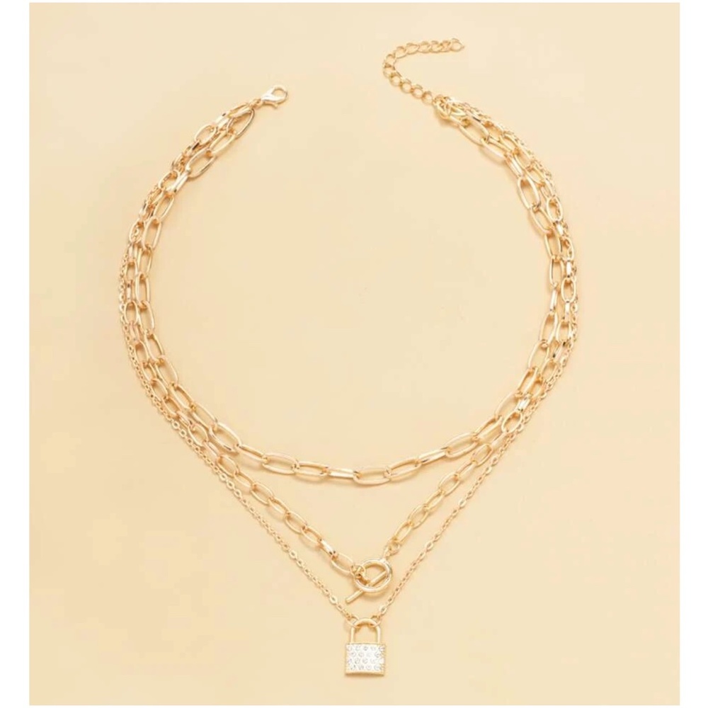 Gold Tone Rhinestone Lock Toggle Multilayer Necklace - Picture 2 of 3